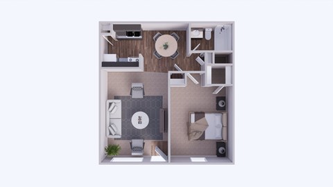 A top-down view of a room with a couch, a coffee table, a TV, and a plant.